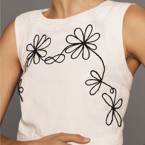 Pilcro White Crop Top with Black Floral Embroidery